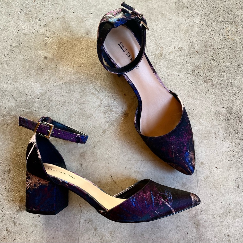 Call it spring purple fabric block heels with ankle strap
